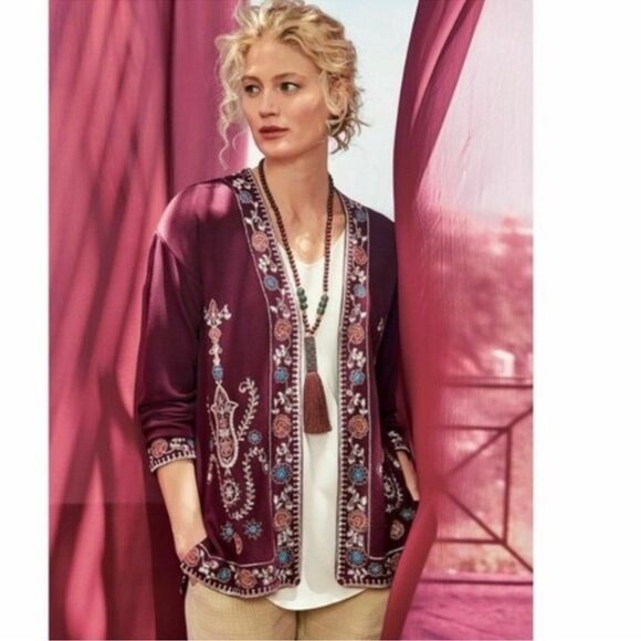 Soft Surroundings Embroidered Maroon Open Front Cardigan Size Medium - Picture 1 of 15